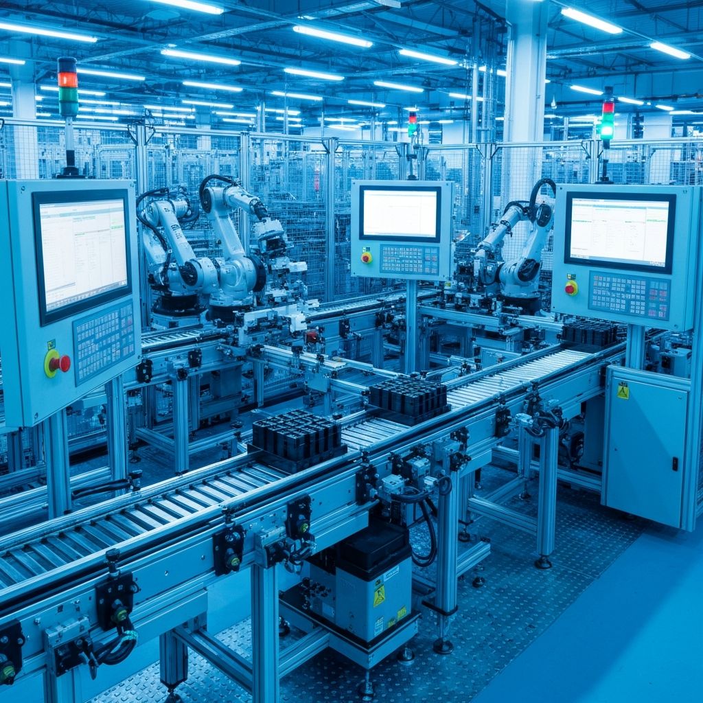 Automação industrial com robôs e linhas de produção