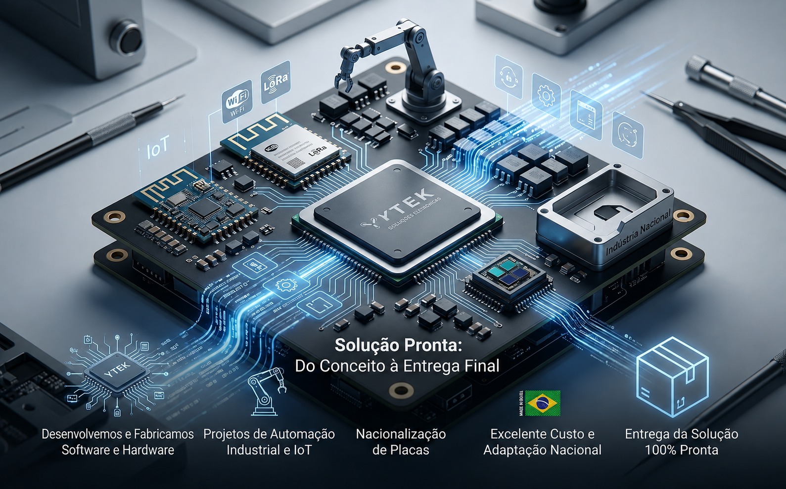 Solução Pronta: do conceito à entrega final — placa eletrônica YTEK com automação, IoT e nacionalização de placas