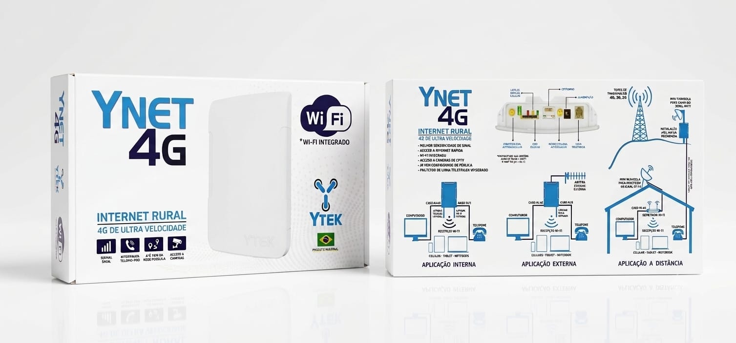 Embalagem da YNET 4G - Internet Rural com Wi-Fi integrado